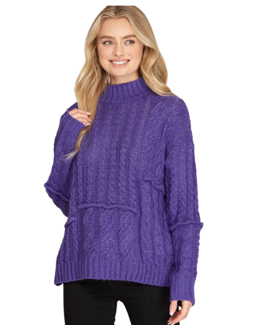 The Tina Cable Patch Sweater in Purple