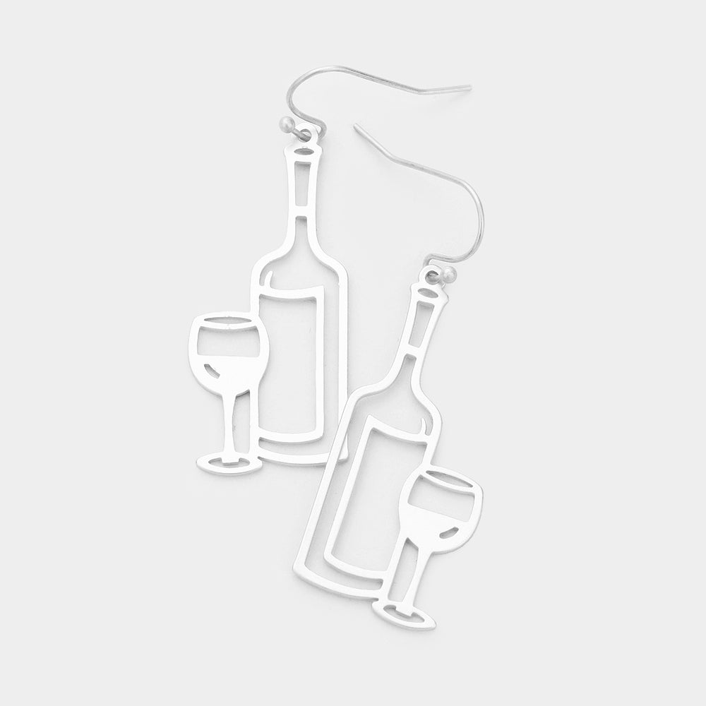 Wine and Glass Bottle Earring in Silver